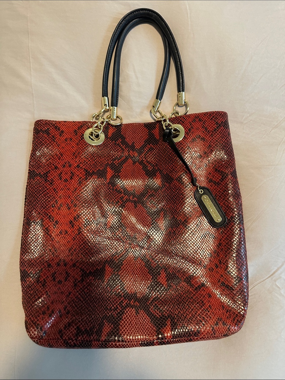Cynthia Rowley Red Snake-Print Tote Bag with Black Handles. Genuine Leather